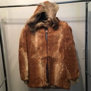 Vintage Womens Hooded Rabbit Fur Zip Up Coat